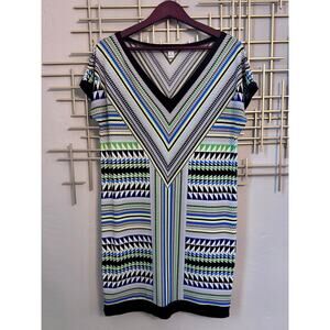 London Times Geometric Print V-Neck Shift Dress Size 6
